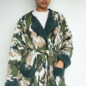 Soft Green Camouflage Jacket with Belt and Pockets | High Quality Made Cozy Camo